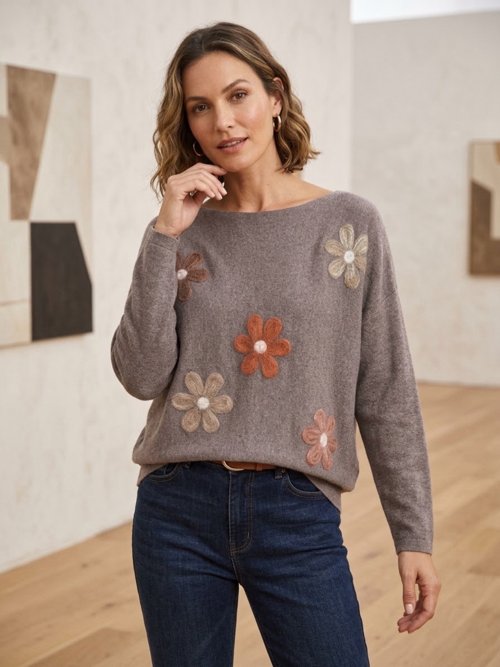 Aaeda Luscious Oversized Floral Felted Knit Sweater Top XL Taupe Purple Gray NWT